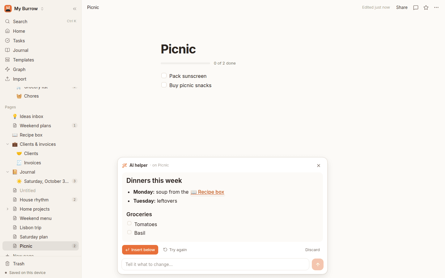 Burrow's AI helper planning dinners from a recipe box