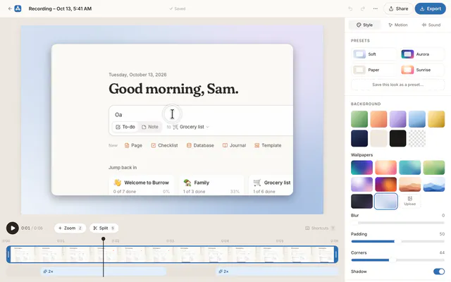 The Iris Studio: a screen recording on a soft backdrop, zoomed in where the click happens, with the zooms on the timeline