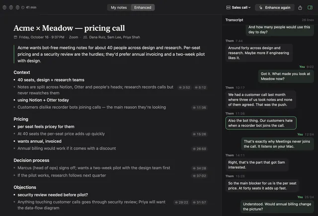 Meetings: enhanced notes from a call, each point linked to its moment in the transcript beside it